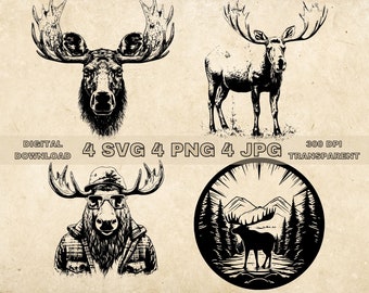 Moose SVG Bundle, PNG, Moose Clipart, Hand Drawn Moose Vector Illustration, SVG Files For Laser Engraving