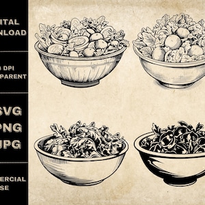 Salad SVG Bundle, PNG, Salad Bowl Clipart, Hand Drawn Salad Vector Illustration, SVG Files For Laser Engraving