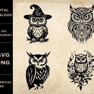 Hibou SVG Bundle, PNG, hibou Clipart, Illustration vectorielle de hiboux dessinés à la main, fichiers SVG pour la gravure au Laser