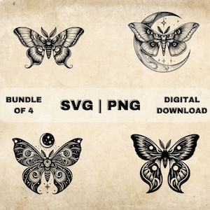 Luna Moth SVG Bundle, Moth Clipart, Hand Drawn Celestial Moon Gothic Theme Vector Illustration, PNG Files For Laser Engraving & Craft