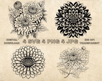 11月の誕生花、菊（SVG PNG）、花の線画、ボタニカルプリント、DIY
