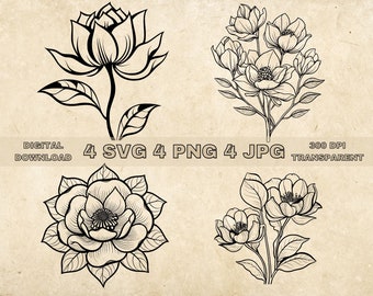 Magnolia Flower SVG Bundle, PNG, Fiori Clipart, Illustrazione grafica vettoriale di magnolie disegnate a mano, File SVG per incisione laser