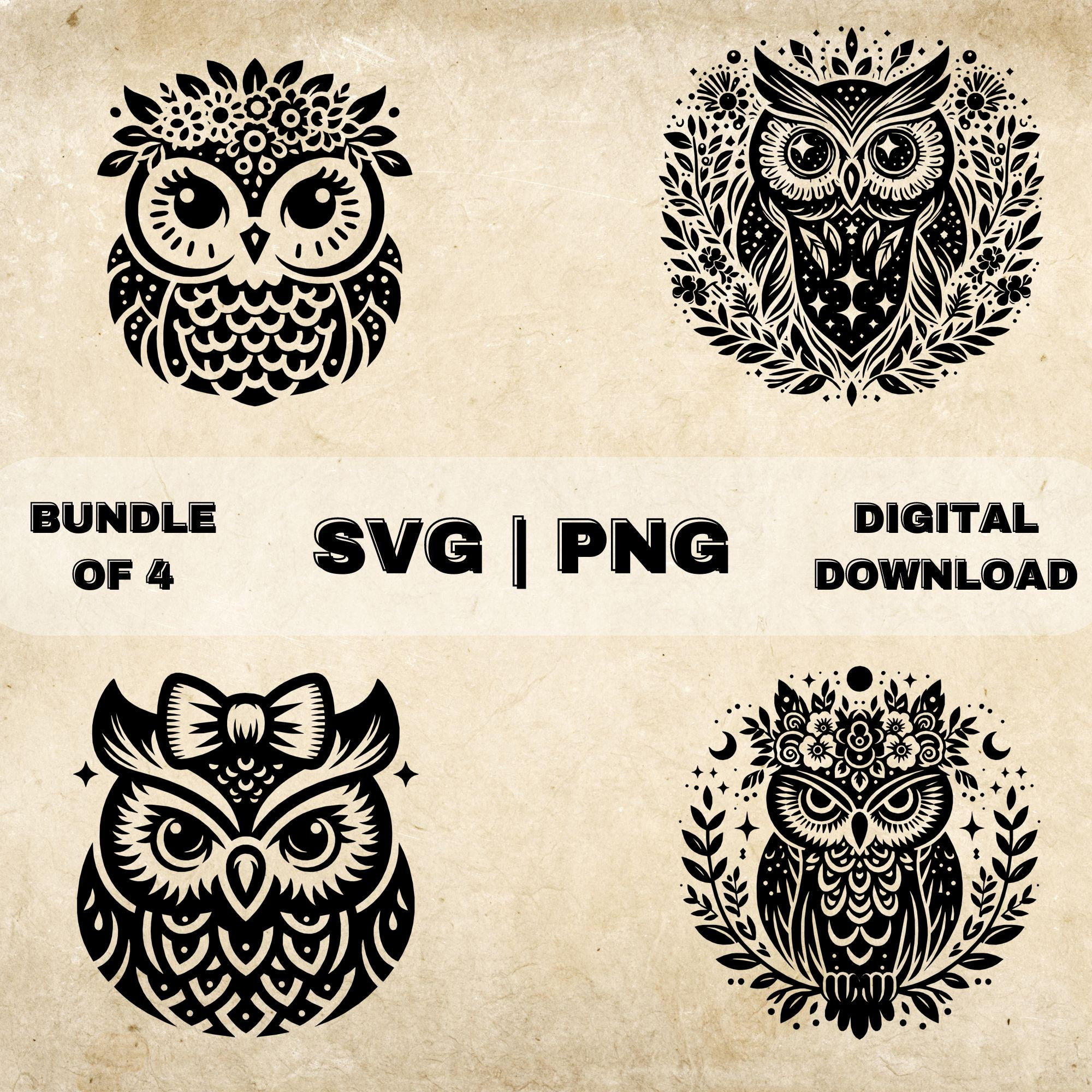 Owl SVG Bundle, Owls Flower Clipart, Hand Drawn Floral Animal Themed Vector Illustration, SVG Files