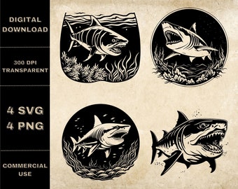 Requin SVG Bundle, PNG, Shark Clipart, Illustration vectorielle de requins dessinés à la main, fichiers SVG pour gravure laser