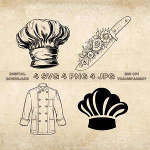 May include: A set of four digital downloads featuring a chef's hat, a chef's jacket, a knife with floral accents, and a silhouette of a chef's hat. The images are 300 DPI and transparent.