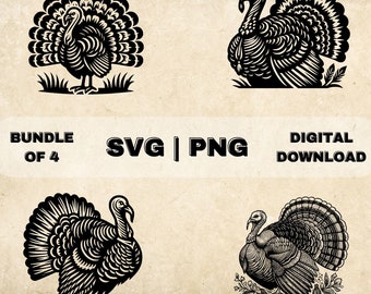 Wild Turkey SVG Bundle, Turkey Bird Clipart, Hand Drawn Thanksgiving Theme Vector Illustration, PNG Files For Laser Engraving & Craft