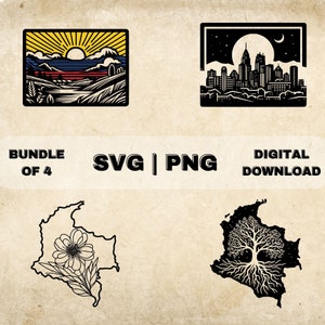 Colombia SVG Bundle, Colombian Flag Clipart, Bogota Skyline, Flower, Roots Art Theme Vector, PNG Files For Laser Engraving & Craft