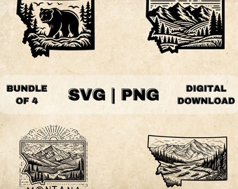 Montana State SVG Bundle, Montana Clipart, Hand Drawn Montana Landscape Theme Vector Illustration, PNG Files For Laser Engraving & Craft