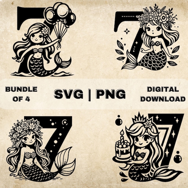 Meerjungfrau zum 7. Geburtstag SVG Bundle, Clipart zum siebten Geburtstag, Handgezeichnete Mädchen unter dem Thema Vektor-Illustration, SVG-Dateien für die Lasergravur und das Basteln