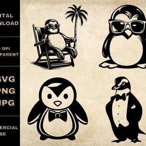 Paquete SVG de pingüinos, PNG, imágenes prediseñadas de pingüinos lindos, ilustración vectorial de pingüinos dibujados a mano, archivos SVG para grabado láser