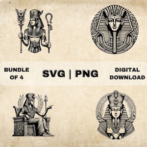 Puede incluir: Un conjunto de cuatro ilustraciones digitales en blanco y negro de faraones en varias poses. Las ilustraciones son de estilo vintage y presentan detalles intrincados. El conjunto incluye un faraón sosteniendo un bastón, un faraón sentado en un trono y dos faraones de perfil.