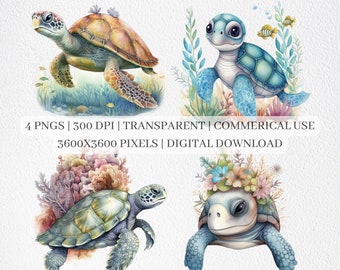 Sea Turtle Clipart, Sea Turtle PNG Files For Sublimation, Floral Sea Turtle Clip Art, Sea Turtle Prints, Printable Wall Art, Commercial Use