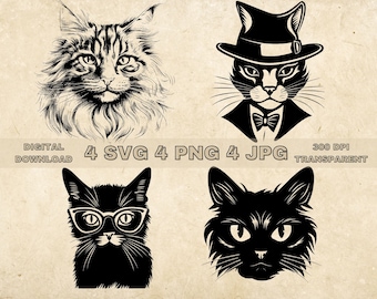 Cool Cat SVG Bundle, PNG, Funny Cats Clipart, Hand Drawn Kittens Vector Illustration, SVG Files For Laser Engraving