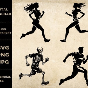 Pacote SVG de corrida, PNG, mulheres e homens correndo clipart, ilustração vetorial de corredor de esqueleto desenhado à mão, arquivos SVG para gravação a laser