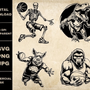 Basketball SVG Bundle, PNG, Basketball lustige Clipart, handgezeichnetes Skelett, Schwein, Dinosaurier Vektor Illustration, SVG-Dateien für die Lasergravur