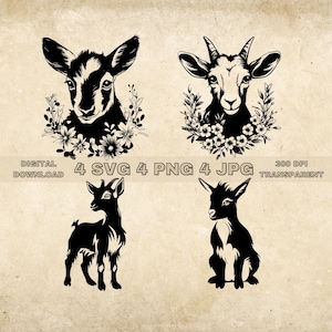 Cute Floral Goat SVG Bundle, PNG, Baby Goat Clipart, Hand Drawn Farm Animals Vector Illustration, SVG Files For Laser Engraving