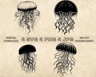 Jellyfish SVG Bundle, PNG, Sea Animals Clipart, Hand Drawn Jellyfish Vector Illustration, SVG Files For Laser Engraving