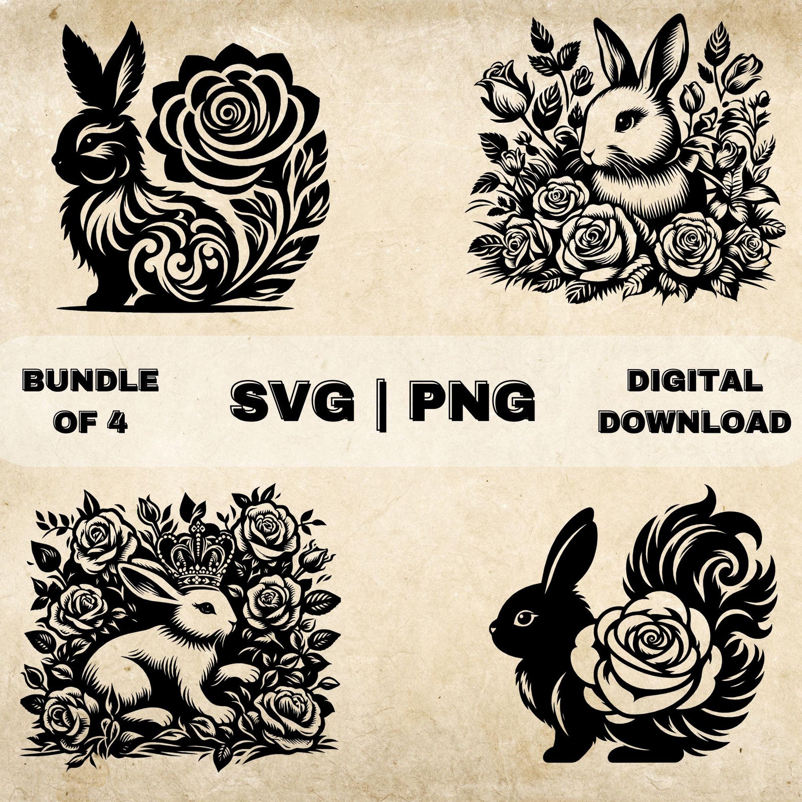 Floral Rabbit SVG Bundle, Cute Bunny Clipart, Hand Drawn Flower Themed ...