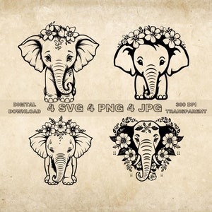 Cute Elephant SVG Bundle, PNG, Baby Elephant Clipart, Hand Drawn Floral Elephants Vector Illustration, SVG Files For Laser Engraving
