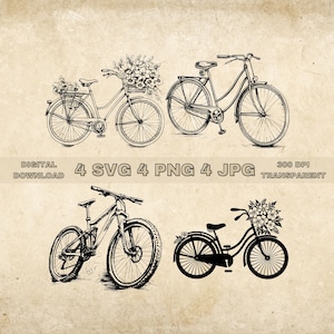 自転車 SVG バンドル、PNG、花柄自転車クリップアート、手描き自転車ベクターイラスト、レーザー彫刻用 SVG ファイル