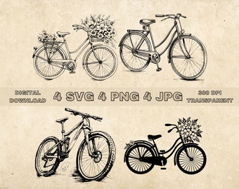 Fiets SVG Bundel, PNG, Floral Bicycle Clipart, Handgetekende Fiets Vector Illustratie, SVG-bestanden voor lasergravure