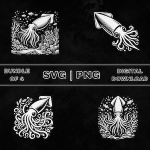 Squid SVG Bundle, Squid Clipart, Hand Drawn Ocean Animal Theme Vector Illustration, PNG Files For Laser Engraving & Craft
