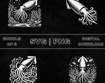 Squid SVG Bundle, Squid Clipart, Hand Drawn Ocean Animal Theme Vector Illustration, PNG Files For Laser Engraving & Craft