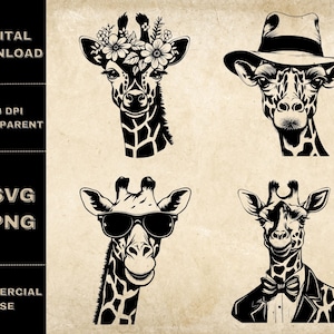 Cute Giraffe SVG Bundle, PNG, Funny Giraffe Clipart, Hand Drawn Cool Giraffes Vector Illustration, SVG Files For Laser Engraving