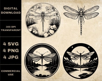 Dragonfly SVG Bundle, PNG, Dragonflies Clipart, Hand Drawn Dragonfly Vector Illustration, SVG Files For Laser Engraving