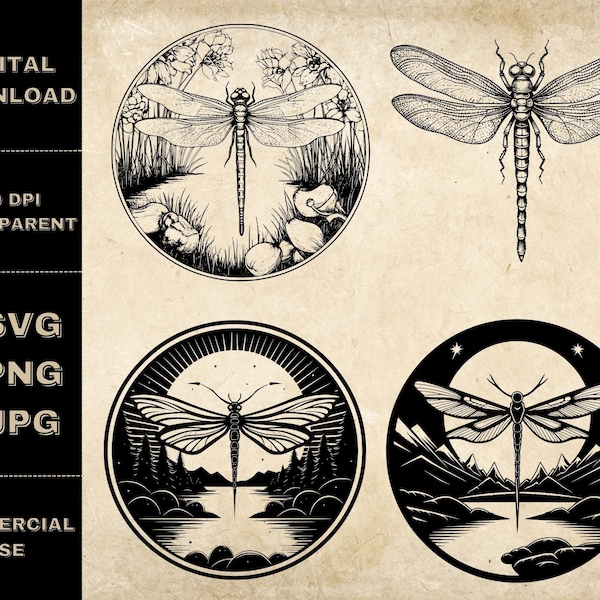 Dragonfly SVG Bundle, PNG, Dragonflies Clipart, Hand Drawn Dragonfly Vector Illustration, SVG Files For Laser Engraving