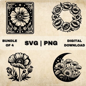 Mohnblumen SVG Bundle, Mohnblumen Clipart, handgezeichnete Blumen Thema Vektor Illustration, SVG-Dateien für Lasergravur & Handwerk