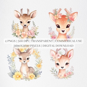 Cute Baby Deer Clipart, Watercolor Deer PNG Files, Woodland Animals Clip Art, Nursery Decor, Little Deer, Sublimation Commercial Use