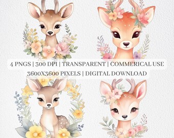 Cute Baby Deer Clipart, file PNG di cervi dell'acquerello, ClipArt di animali del bosco, Nursery Decor, Little Deer, sublimazione uso commerciale