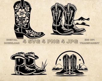 Cowboy Boots SVG Bundle, PNG, Wild West Clipart, Hand Drawn Western Boot Vector Illustration, SVG Files For Laser Engraving