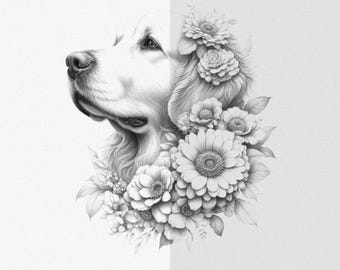 Golden Retriever Floral Head PNG-sublimatiebestand voor shirt en mok schets tekening grafische digitale download