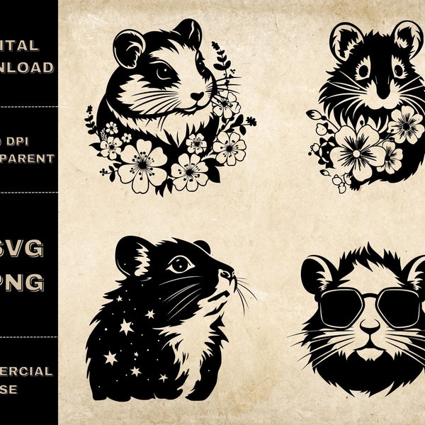 Hamster SVG Bundle, PNG, Cute Hamster Clipart, Hand Drawn Floral Hamster Vector Illustration, SVG Files For Laser Engraving