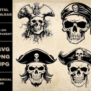 Pacchetto SVG pirata teschio, PNG, clipart pirata teschio, illustrazione di teschi pirata disegnati a mano, file SVG per incisione laser