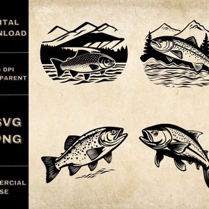 May include: Four black and white illustrations of trout fish. Two illustrations feature a trout jumping out of the water with a mountain range in the background. The other two illustrations feature a trout jumping out of the water.