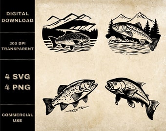 Salmon SVG Bundle, PNG, Fishes Clipart, Hand Drawn Fishing Scene Vector Illustration, SVG Files For Laser Engraving