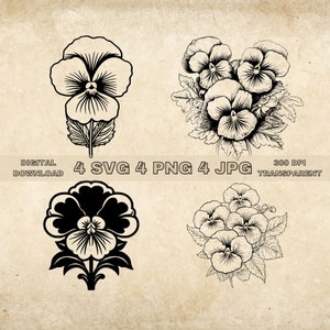 Stiefmütterchen SVG Bundle, PNG, Blumen Clipart, handgezeichnete Stiefmütterchen Vektor-Grafik-Illustration, SVG-Dateien für die Lasergravur