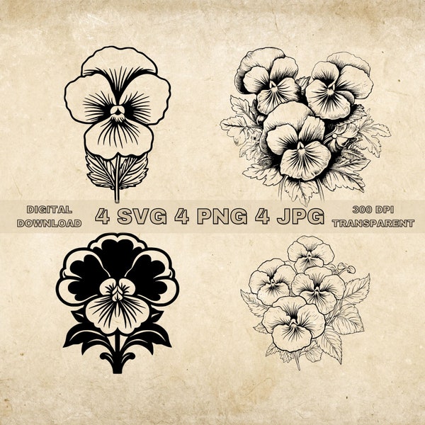 Pansy SVG Bundle, PNG, Flowers Clipart, Hand Drawn Pansies Vector Graphic Illustration, SVG Files For Laser Engraving