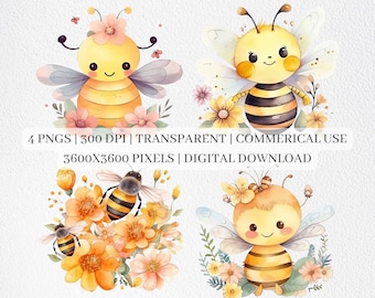 Cute Bee Clipart, Watercolor Bees PNG Files, Bee Clip Art, Nursery Decor, Printable Wall Art, Sublimation Commercial Use