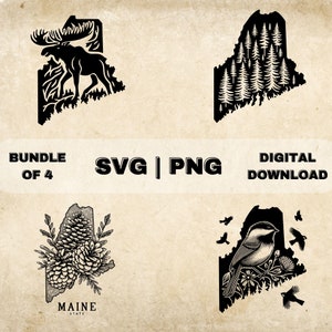 May include: A digital download bundle of four SVG and PNG files featuring black and white illustrations of the state of Maine. The illustrations include a moose, pine trees, pine cones, and a chickadee.