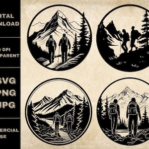 Hiking SVG Bundle, PNG, Adventure Clipart, Hand Drawn Mountain And Tree Scene Vector Illustration, SVG Files For Laser Engraving