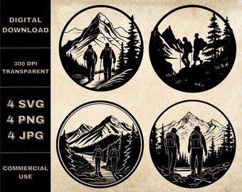 Hiking SVG Bundle, PNG, Adventure Clipart, Hand Drawn Mountain And Tree Scene Vector Illustration, SVG Files For Laser Engraving