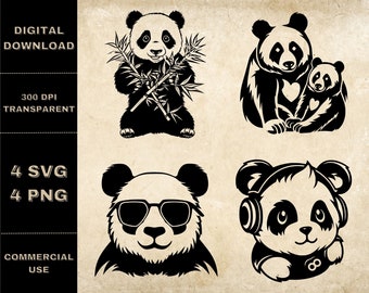 Cute Panda SVG Bundle, PNG, Panda Clipart, Hand Drawn Panda Bear Vector Illustration, SVG Files For Laser Engraving