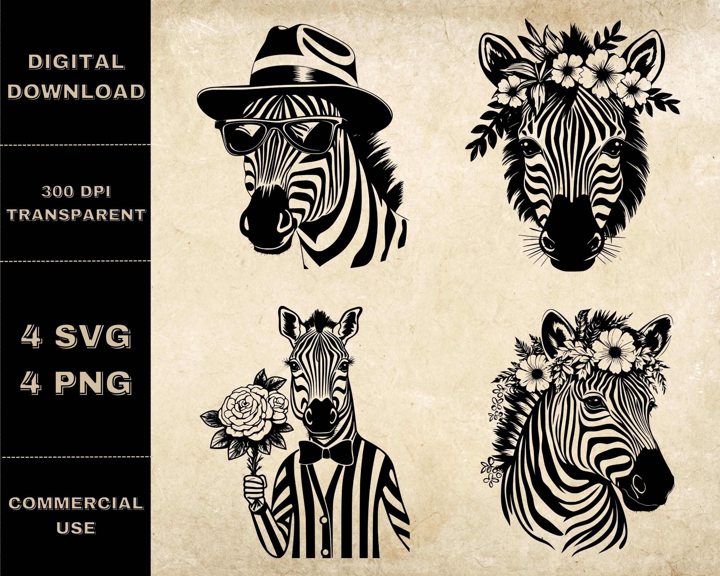 Zebra SVG Bundle, PNG, Cute Zebra Clipart, Hand Drawn Floral Zebra ...