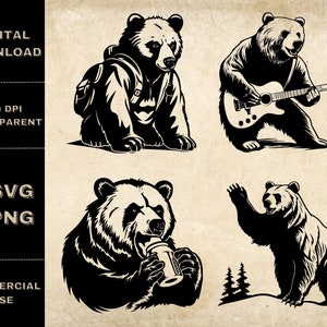 Funny Bear SVG Bundle, PNG, Cute Bear Clipart, Hand Drawn Bears Vector Illustration, SVG Files For Laser Engraving
