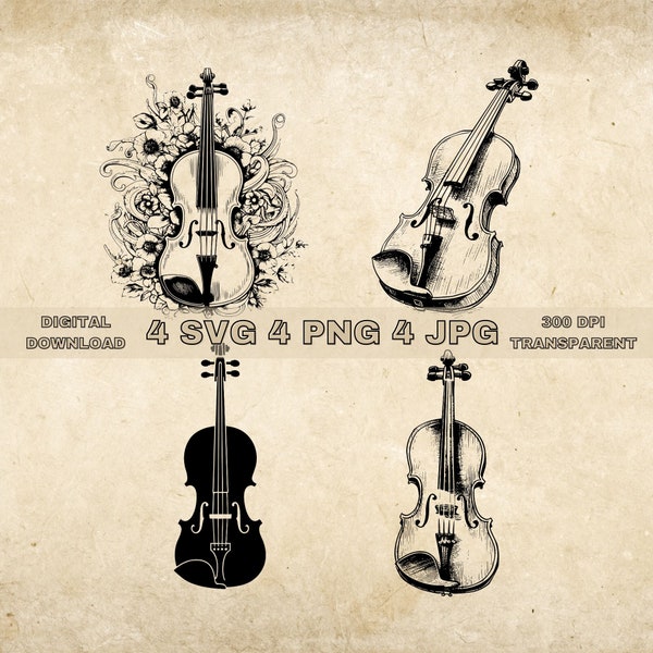 Violon SVG Bundle, PNG, Violon Clipart, Illustration vectorielle de violon dessiné à la main, Fichiers SVG pour la gravure au laser