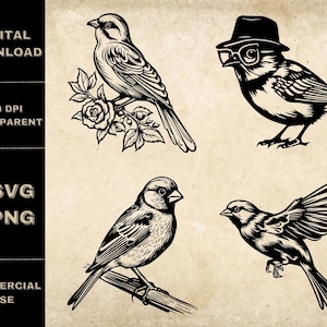 Sparrow SVG Bundle, PNG, Sparrow Clipart, Hand Drawn Sparrow Vector Illustration, SVG Files For Laser Engraving